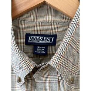 LANDS END Mens Shirt 15.5 34R Cotton Plaid Houndstooth Brown Office Everyday